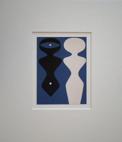 Jean ARP - Deux figures sur fond bleu, 1962 - Bois gravé original 2