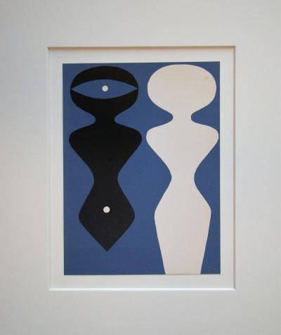 Jean ARP - Deux figures sur fond bleu, 1962 - Bois gravé original 2