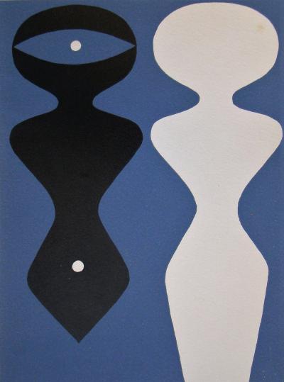 Jean ARP - Deux figures sur fond bleu, 1962 - Bois gravé original 2