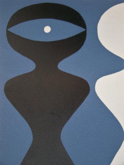 Jean ARP - Deux figures sur fond bleu, 1962 - Bois gravé original 2