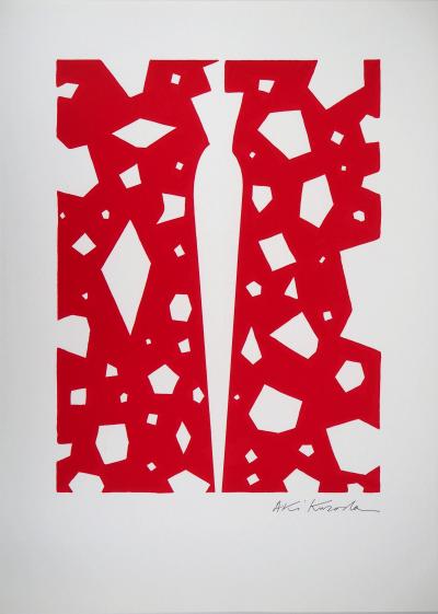 Aki KURODA : Femme mystérieuse sur fond rouge - Lithographie originale signée 2