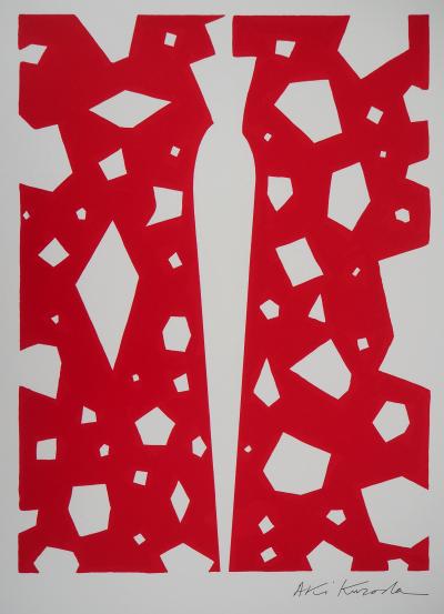 Aki KURODA : Femme mystérieuse sur fond rouge - Lithographie originale signée 2