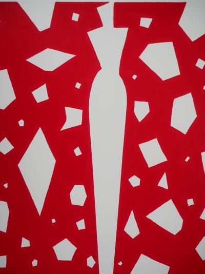 Aki KURODA : Femme mystérieuse sur fond rouge - Lithographie originale signée 2