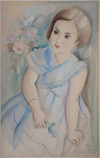 Mily POSSOZ : Jeune-fille au lilas, 1934 - Aquarelle signée 2