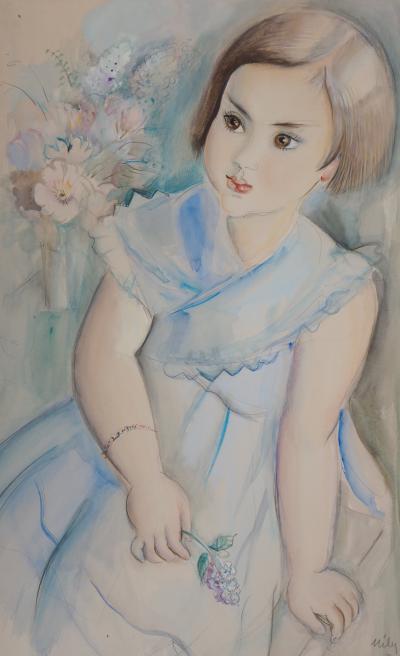 Mily POSSOZ : Jeune-fille au lilas, 1934 - Aquarelle signée 2