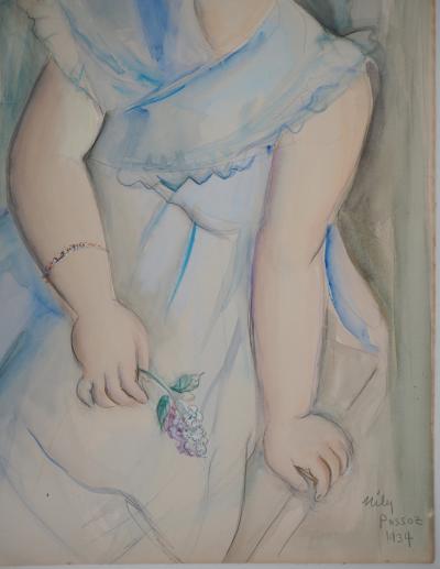 Mily POSSOZ : Jeune-fille au lilas, 1934 - Aquarelle signée 2