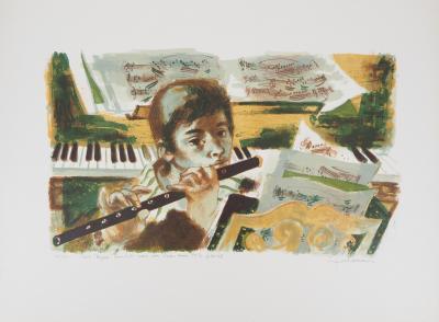Lucien FONTANAROSA : Petit garçon flûtiste - Lithographie originale signée au crayon 2