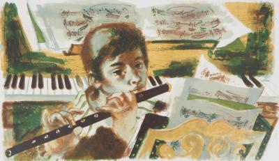 Lucien FONTANAROSA : Petit garçon flûtiste - Lithographie originale signée au crayon 2