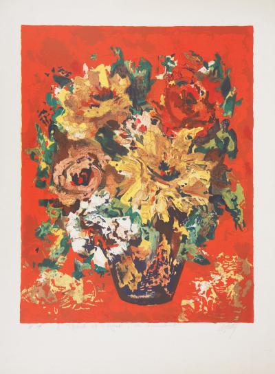 Henry Maurice D’ANTY : Vase de fleurs au fond rouge - Lithographie originale signée au crayon 2