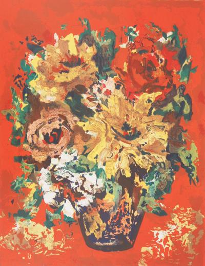 Henry Maurice D’ANTY : Vase de fleurs au fond rouge - Lithographie originale signée au crayon 2