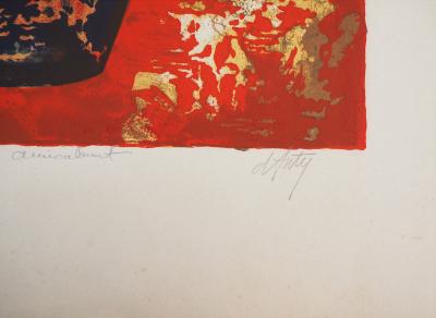 Henry Maurice D’ANTY : Vase de fleurs au fond rouge - Lithographie originale signée au crayon 2