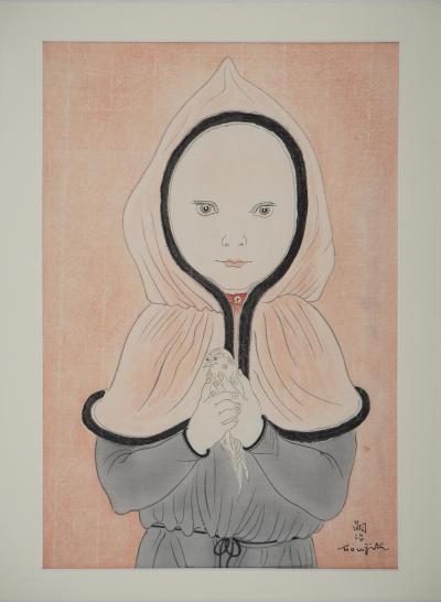 Léonard Tsuguharu FOUJITA - Petite fille à la cape rouge et oiseau - Bois gravé original signé 2