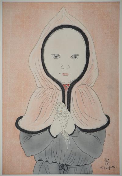 Léonard Tsuguharu FOUJITA - Petite fille à la cape rouge et oiseau - Bois gravé original signé 2