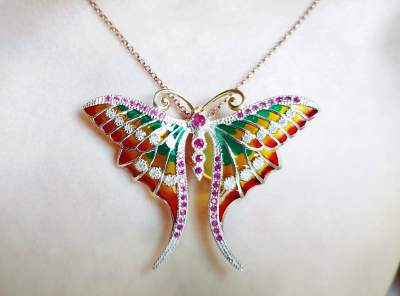 Broche/pendentif papillon en argent rubis émail et de diamants + sa chaîne argent 2