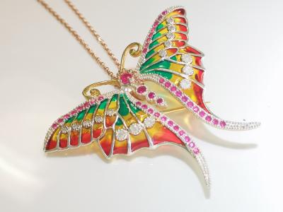 Broche/pendentif papillon en argent rubis émail et de diamants + sa chaîne argent 2