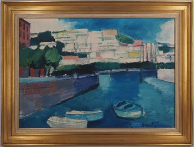 André BRASILIER : Italie, Barques à l’entrée du port, 1955 - Huile sur toile signée 2