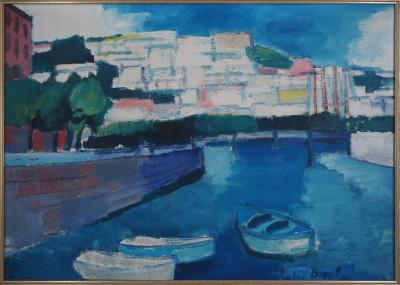 André BRASILIER : Italie, Barques à l’entrée du port, 1955 - Huile sur toile signée 2