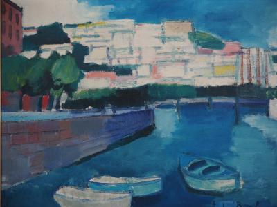 André BRASILIER : Italie, Barques à l’entrée du port, 1955 - Huile sur toile signée 2