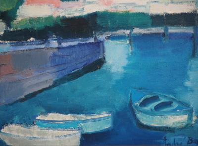 André BRASILIER : Italie, Barques à l’entrée du port, 1955 - Huile sur toile signée 2