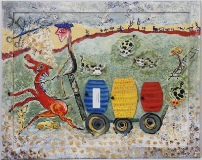 Danielle LE BRICQUIR - Les vaches ivres - Technique mixte sur bois 2