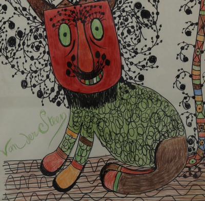 Germain VAN DER STEEN - Chat fantastique - Technique mixte sur papier 2