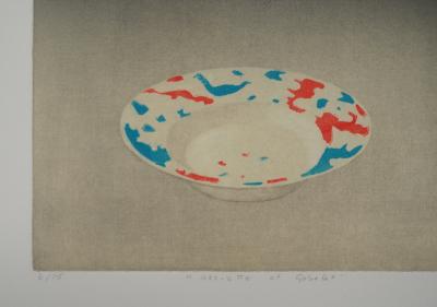 Florence SINCLAIR-MAHDAVI : Assiette et gobelet, 1985 - Gravure originale signée 2