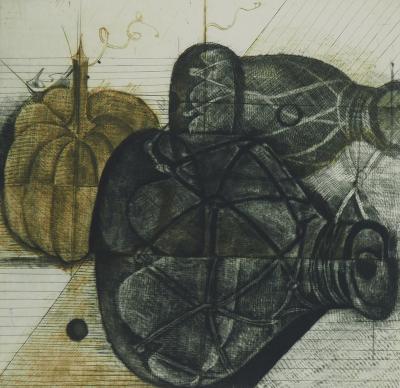 Brigitte COUDRAIN : Nature morte aux bouteilles - Gravure originale signée 2
