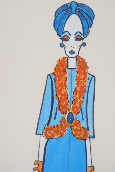 Serge PONS : Yves Saint Laurent, Robe bleue et turban assorti - Aquarelle originale signée 2