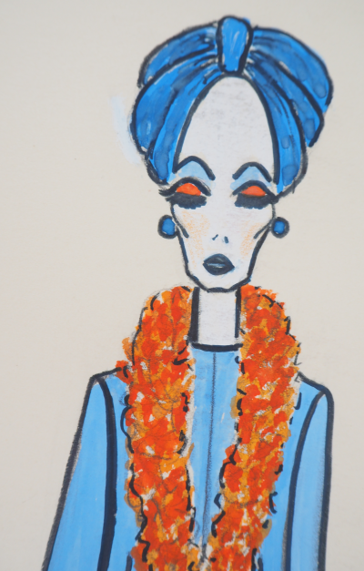 Serge PONS : Yves Saint Laurent, Robe bleue et turban assorti - Aquarelle originale signée 2