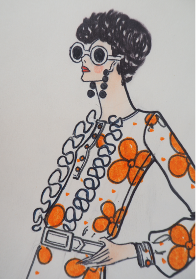 Serge PONS : Yves Saint Laurent, Robe élégante à fleurs - Aquarelle originale 2