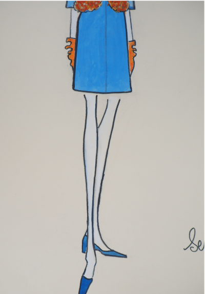 Serge PONS : Yves Saint Laurent, Robe bleue et turban assorti - Aquarelle originale signée 2