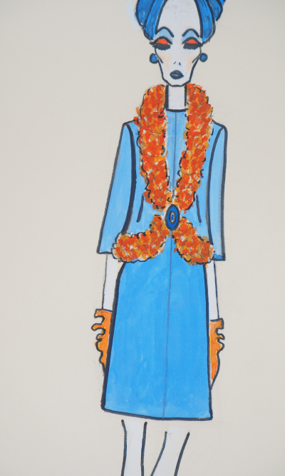 Serge PONS : Yves Saint Laurent, Robe bleue et turban assorti - Aquarelle originale signée 2