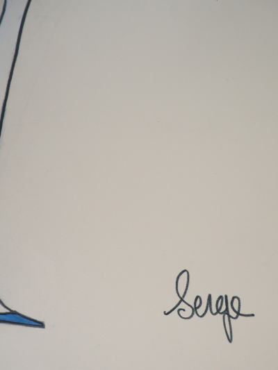 Serge PONS : Yves Saint Laurent, Robe bleue et turban assorti - Aquarelle originale signée 2