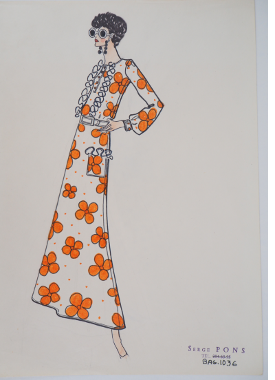 Serge PONS : Yves Saint Laurent, Robe élégante à fleurs - Aquarelle originale 2