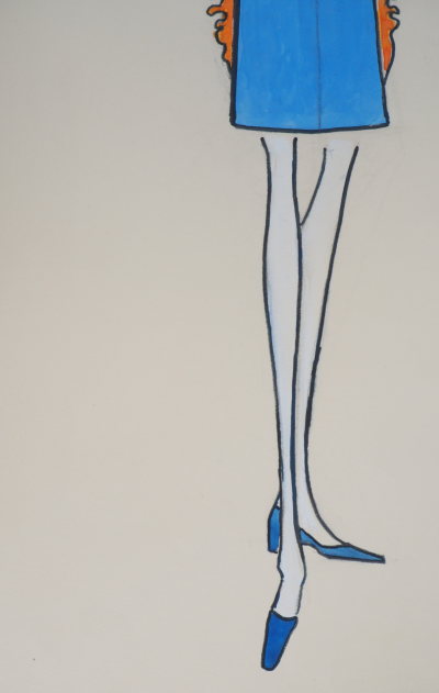 Serge PONS : Yves Saint Laurent, Robe bleue et turban assorti - Aquarelle originale signée 2