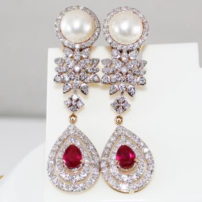 Collier de diamants, rubis et perles de style rétro en or jaune avec boucles d’oreilles longues assorties 2