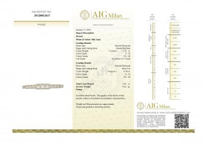Broche en or blanc et or jaune 18 carats sertie de 11 diamants ronds brillants de 1,55 ct au total soit 0,14 ct chacun. 2