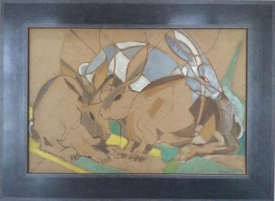 René MENDES-FRANCE - Les lapins , 1949 - Huile sur isorel signée 2