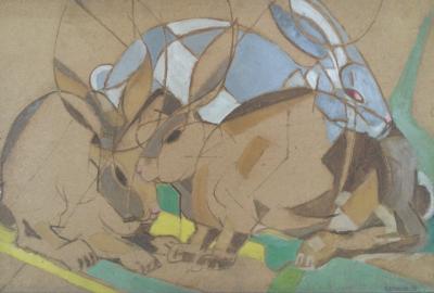 René MENDES-FRANCE - Les lapins , 1949 - Huile sur isorel signée 2