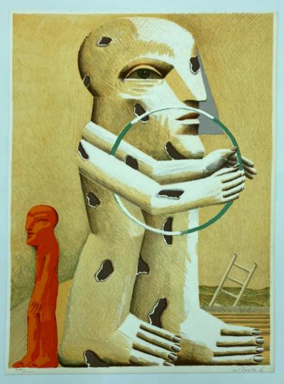Horst ANTES - Gefleckte Figur mit Reif, kleiner Figur und Leiter, 1982 - Lithographie signée au crayon 2