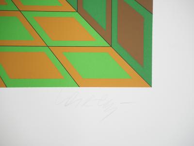 Victor VASARELY - Composition cinétique en vert et orange - Sérigraphie originale signée au crayon 2