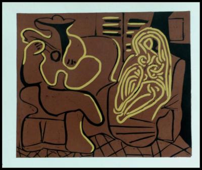 Pablo PICASSO (d’après) - femme et guitariste 1962 - Linogravure 2