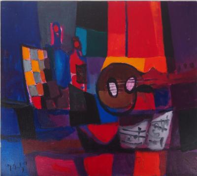 Marcel MOULY : Nature morte à la guitare et aux bouteilles - Huile sur toile signée 2