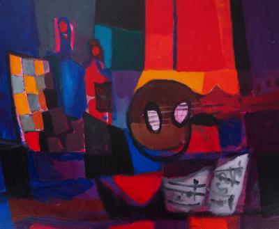 Marcel MOULY : Nature morte à la guitare et aux bouteilles - Huile sur toile signée 2