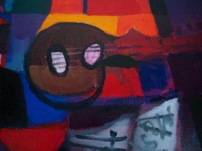 Marcel MOULY : Nature morte à la guitare et aux bouteilles - Huile sur toile signée 2