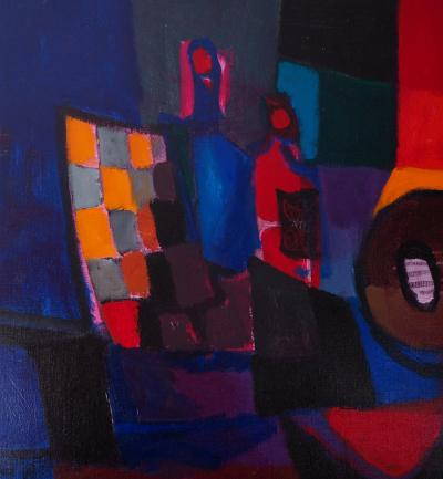 Marcel MOULY : Nature morte à la guitare et aux bouteilles - Huile sur toile signée 2