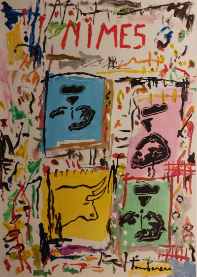 Michel TOMBEREAU - Ferias de Nîmes - Gouache originale et technique mixte sur papier 2