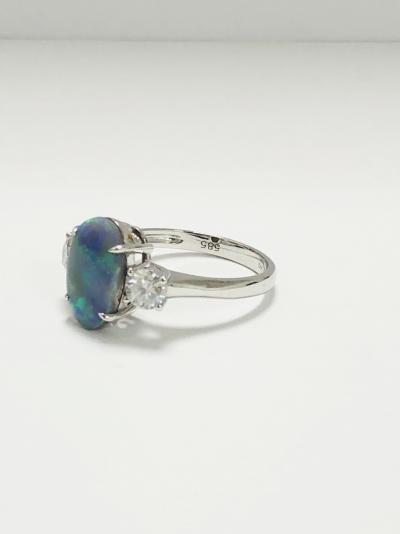 14ct white gold opal and diamond three stone ring 2