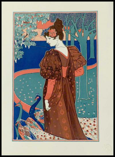 Louis RHEAD - La femme au paon, 1898 - Lithographie originale 2