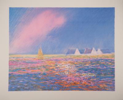 Claude MANOUKIAN - Bretagne : Coucher de soleil en bord de mer - Lithographie originale, Signée 2